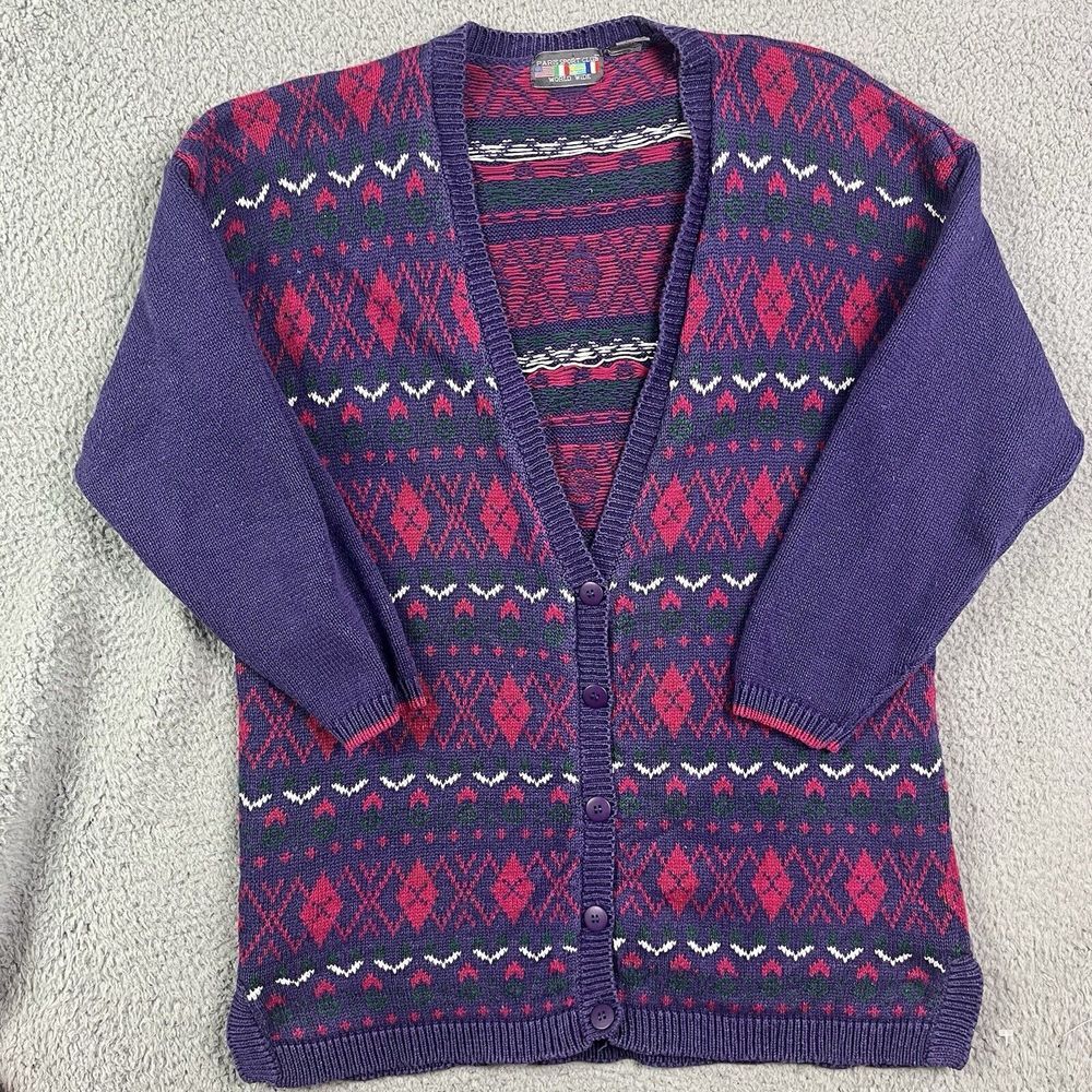 Vintage Paris Sports Club Sweater Purple & Pink Argyle Cardigan Women's‎ L